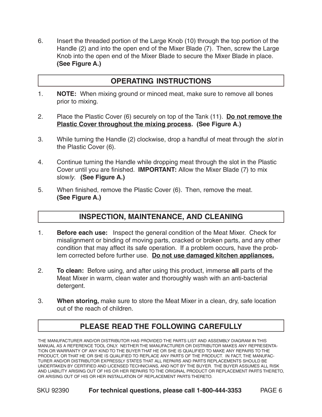 Harbor Freight Tools 92390 manual Operating Instructions, INSPECTION, MAINTENANCE, and Cleaning, See Figure a 