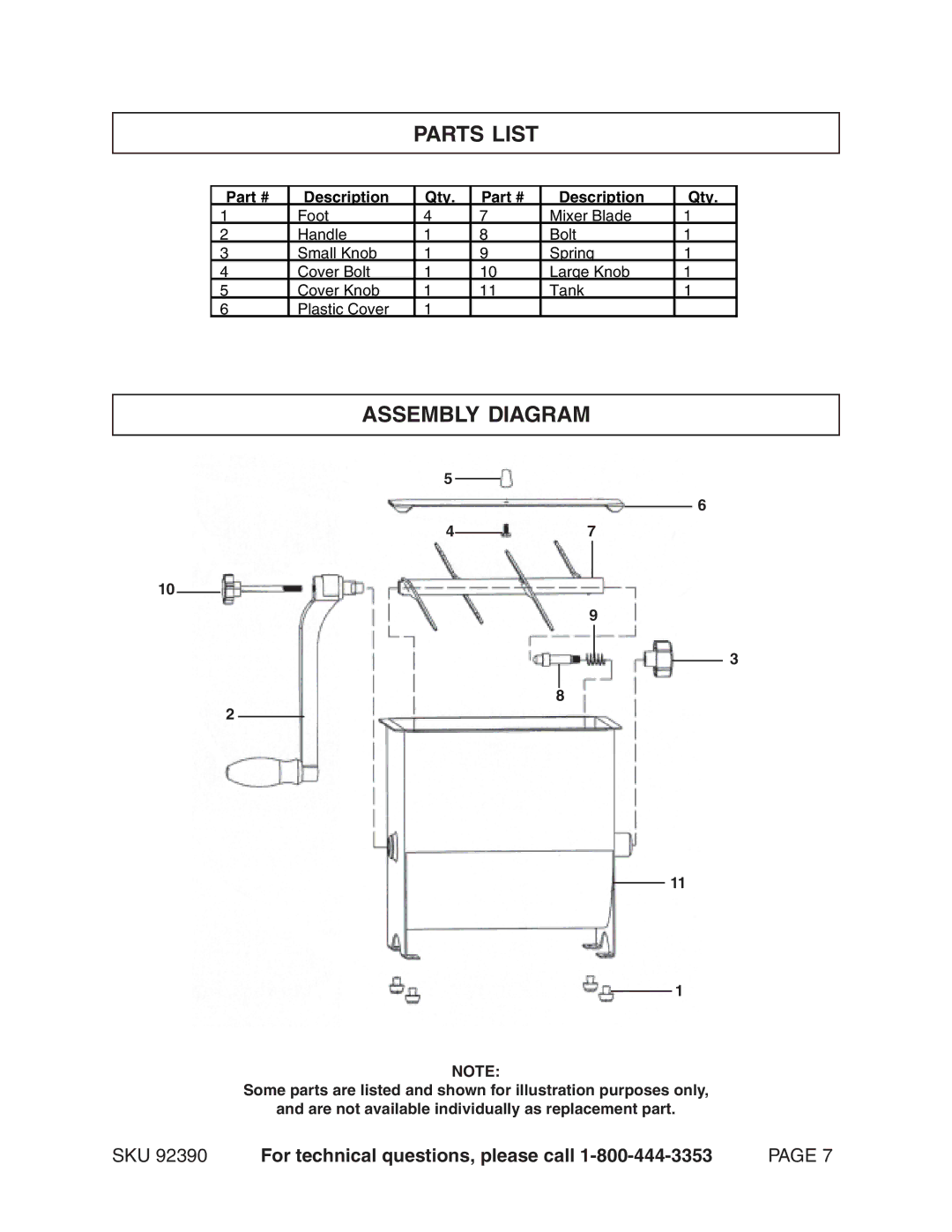 Harbor Freight Tools 92390 manual Parts List, Assembly Diagram 