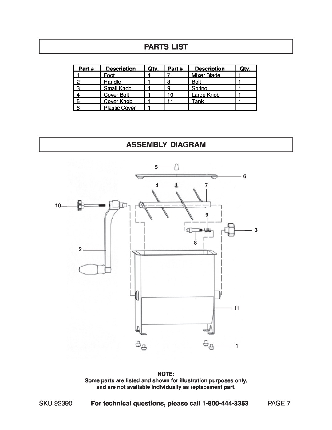 Harbor Freight Tools 92390 manual Parts List, Assembly Diagram, For technical questions, please call, Page, Description 