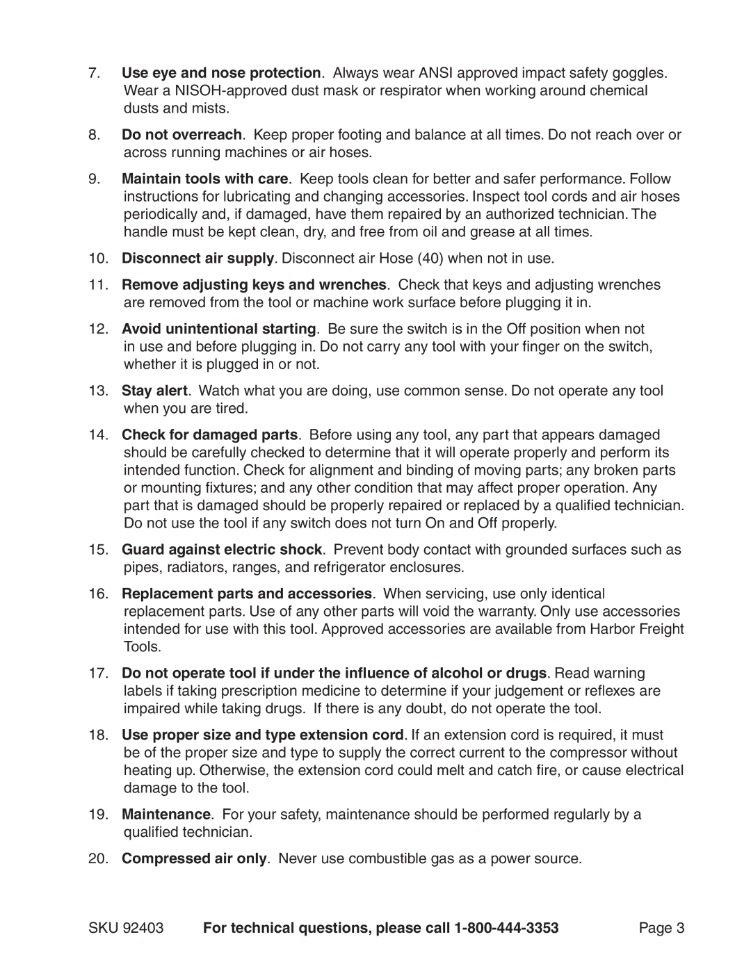 Harbor Freight Tools 92403 manual SKU For technical questions, please call 