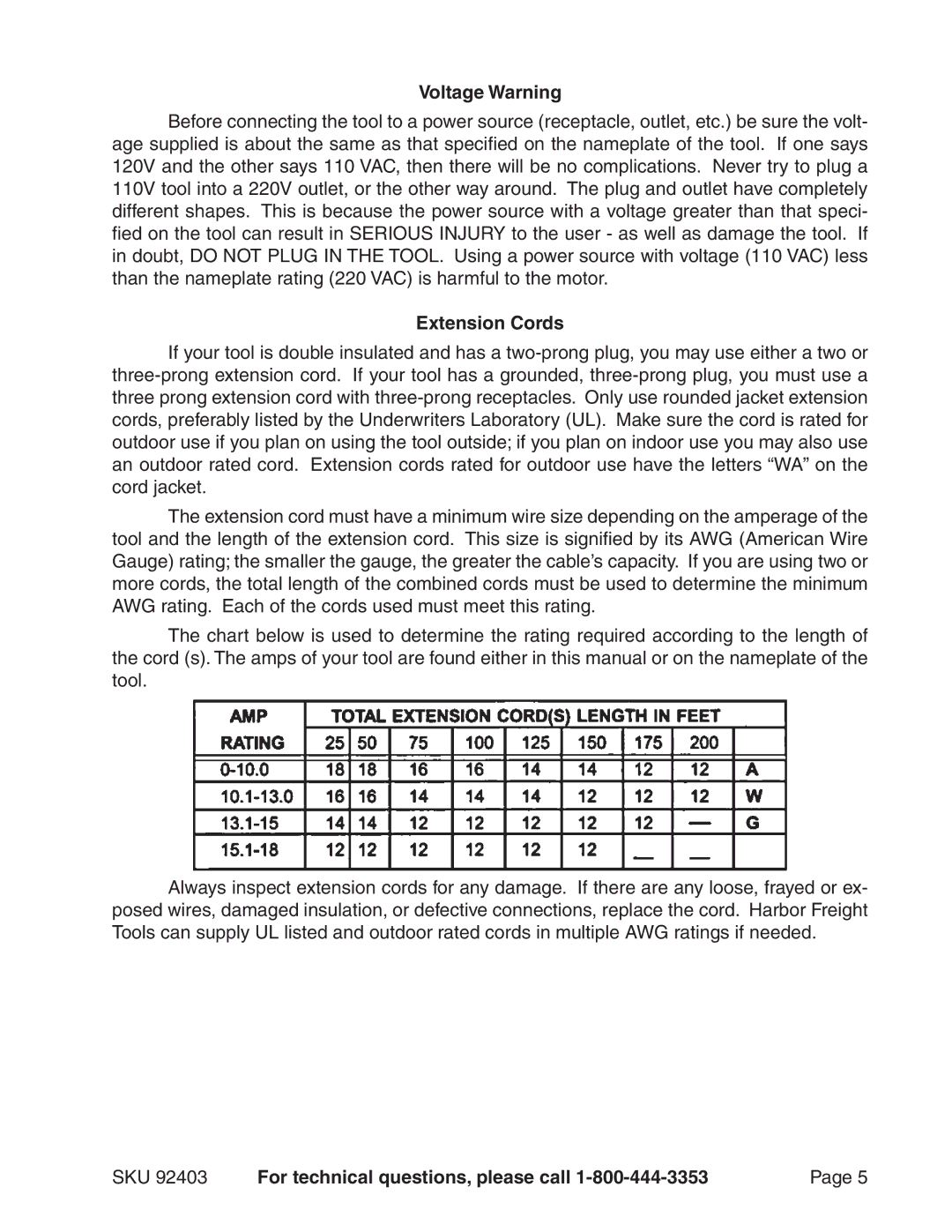 Harbor Freight Tools 92403 manual Voltage Warning, Extension Cords 