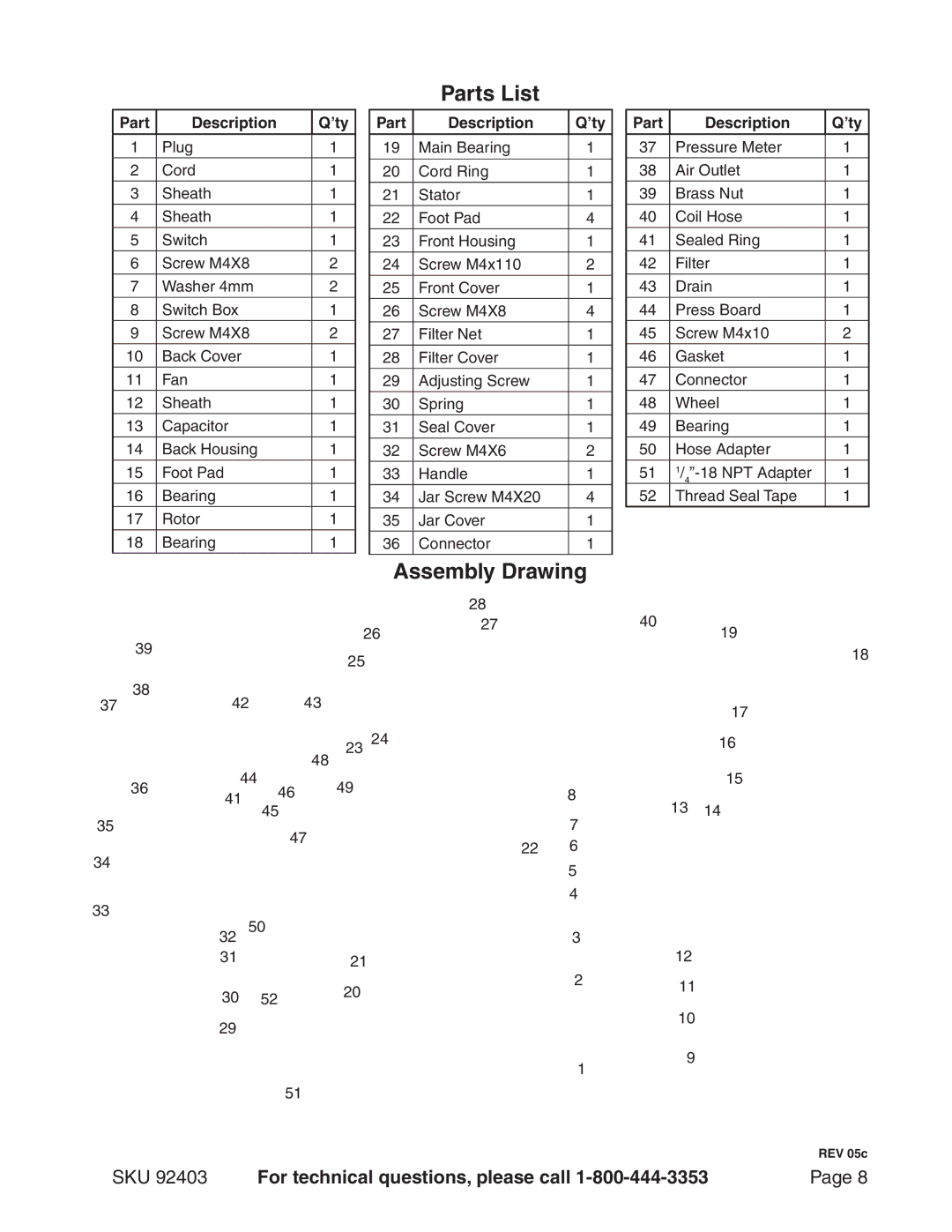 Harbor Freight Tools 92403 manual Parts List, Assembly Drawing 