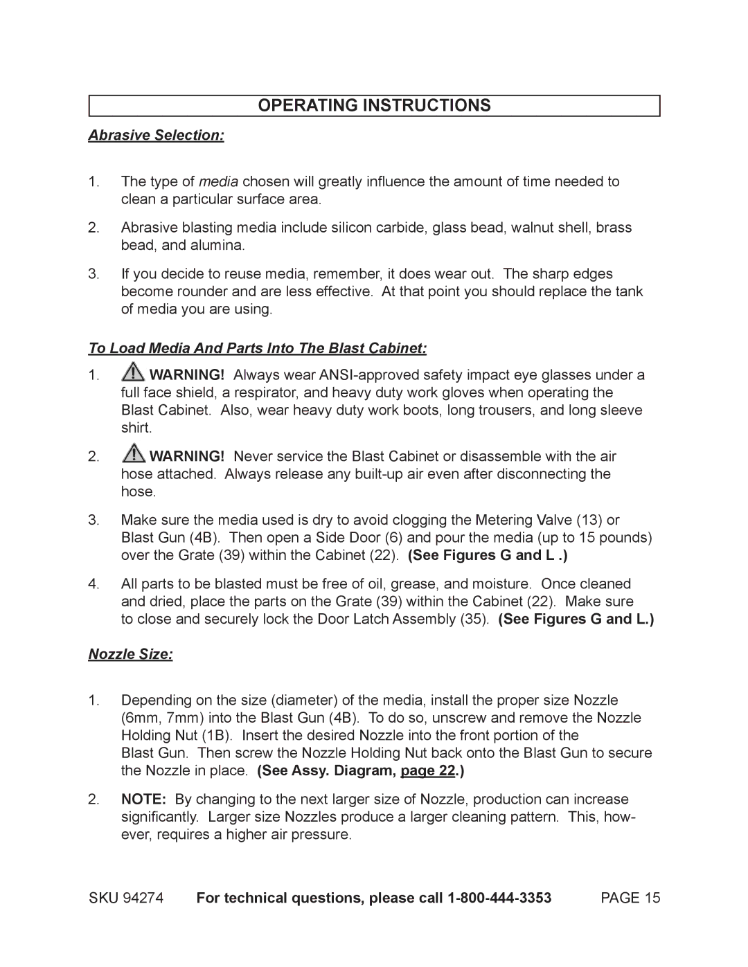 Harbor Freight Tools 92427 Operating Instructions, Abrasive Selection, To Load Media And Parts Into The Blast Cabinet 