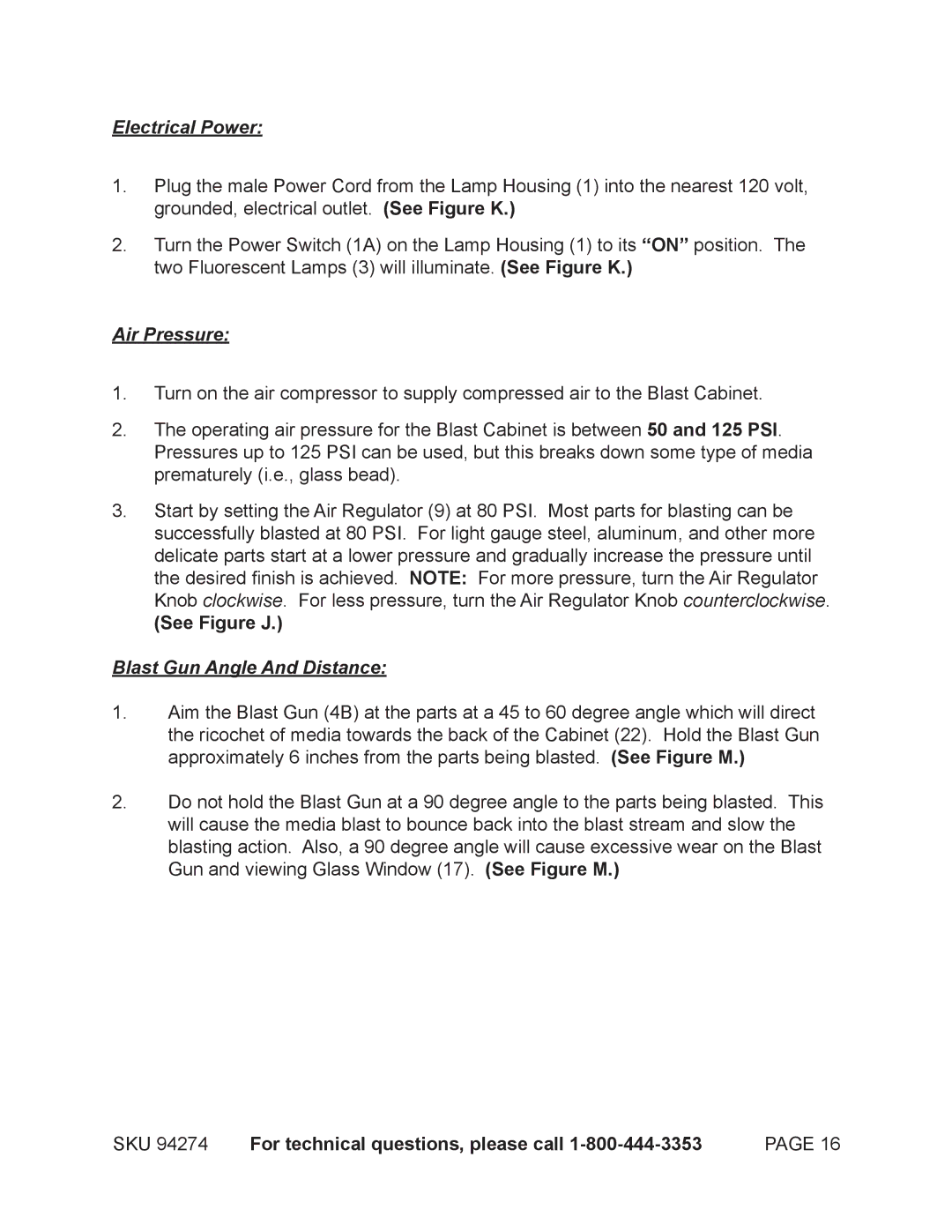 Harbor Freight Tools 92427 manual Electrical Power, Air Pressure, See Figure J, Blast Gun Angle And Distance 