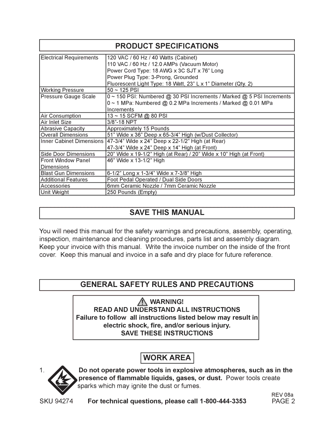 Harbor Freight Tools 92427 manual Product Specifications, Save this Manual, General Safety Rules and Precautions, Work Area 