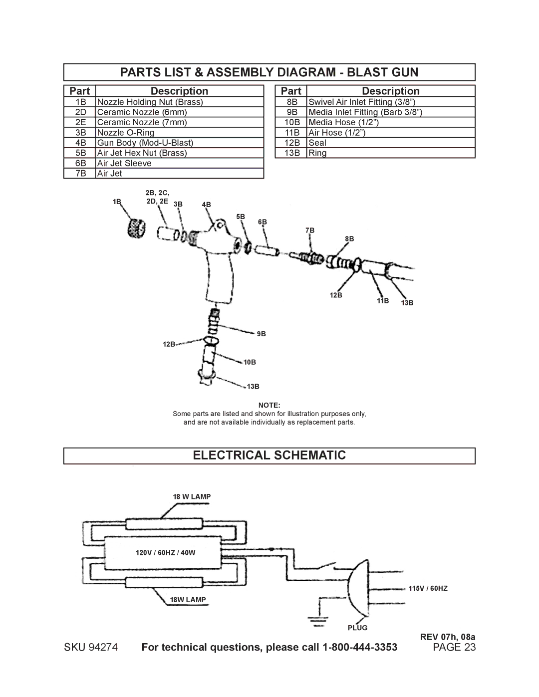 Harbor Freight Tools 92427 manual Parts List & Assembly Diagram Blast GUN, Electrical Schematic, Part Description 