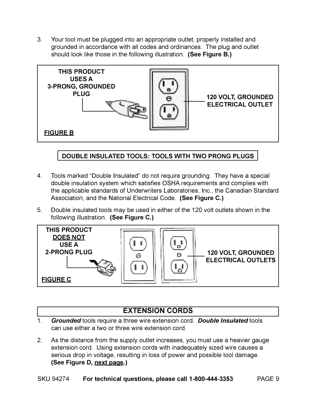 Harbor Freight Tools 92427 manual Extension Cords, See Figure D, next SKU For technical questions, please call 