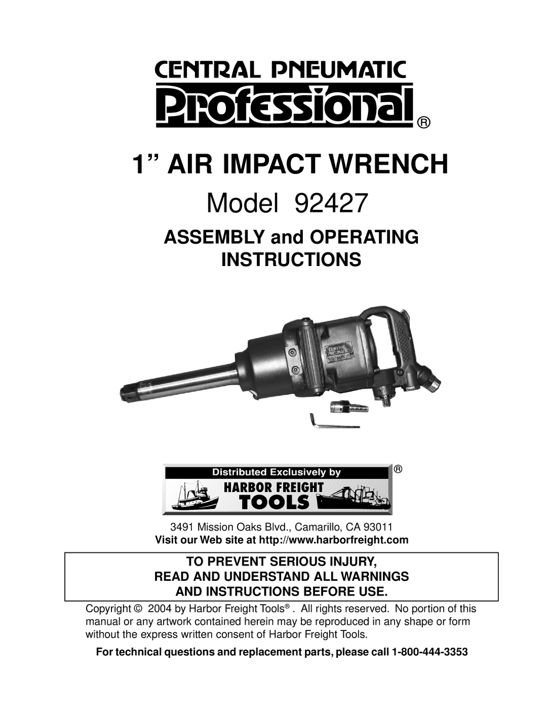 Harbor Freight Tools 92427 operating instructions AIR Impact Wrench 