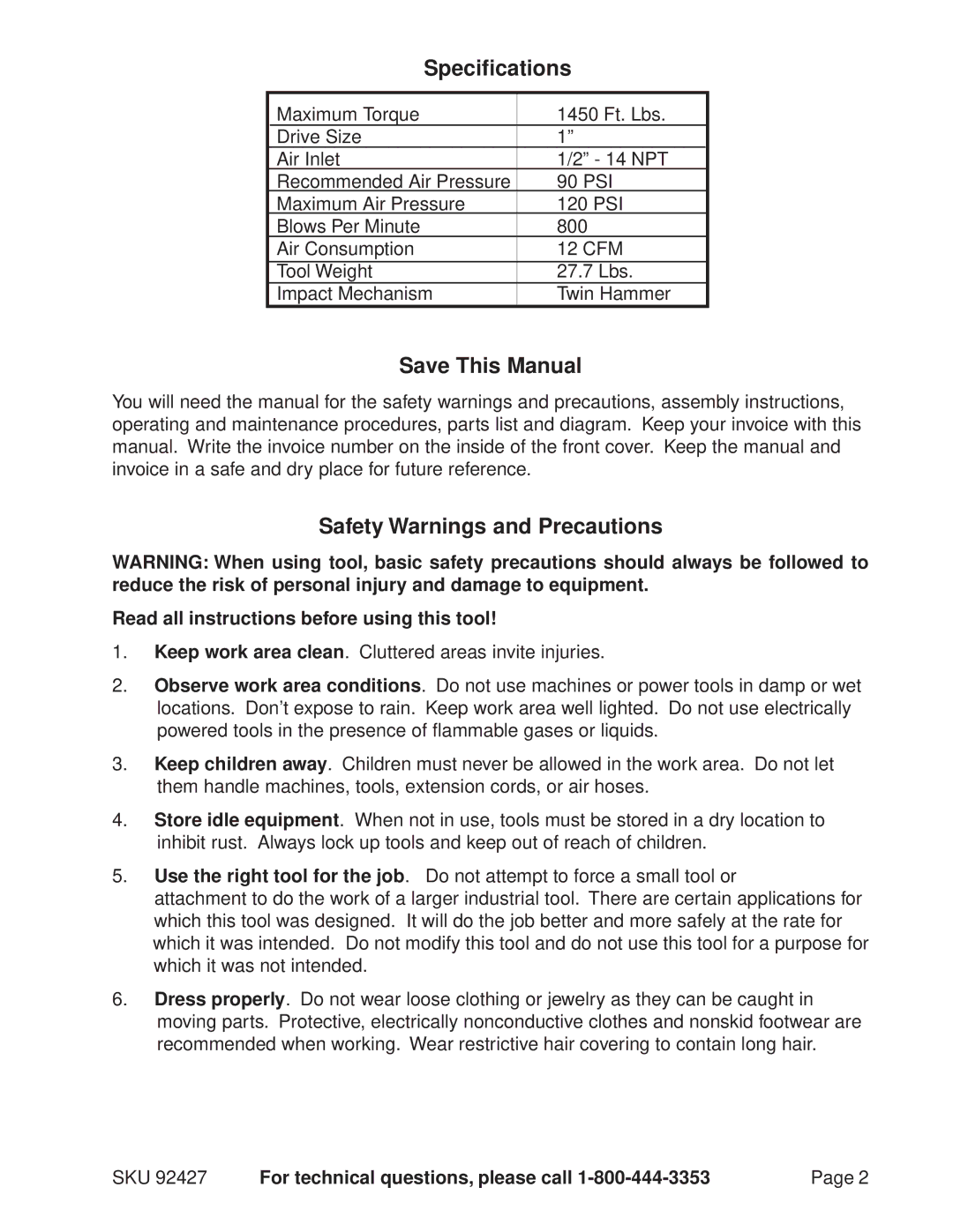 Harbor Freight Tools 92427 operating instructions Specifications, Save This Manual, Safety Warnings and Precautions 