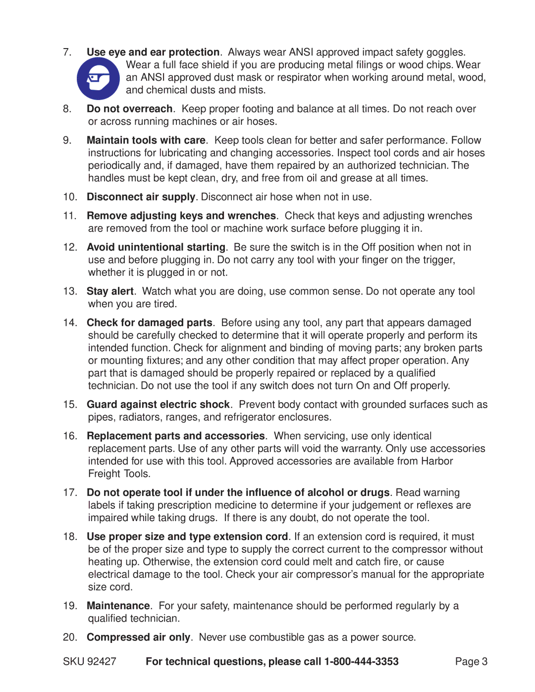 Harbor Freight Tools 92427 operating instructions SKU For technical questions, please call 