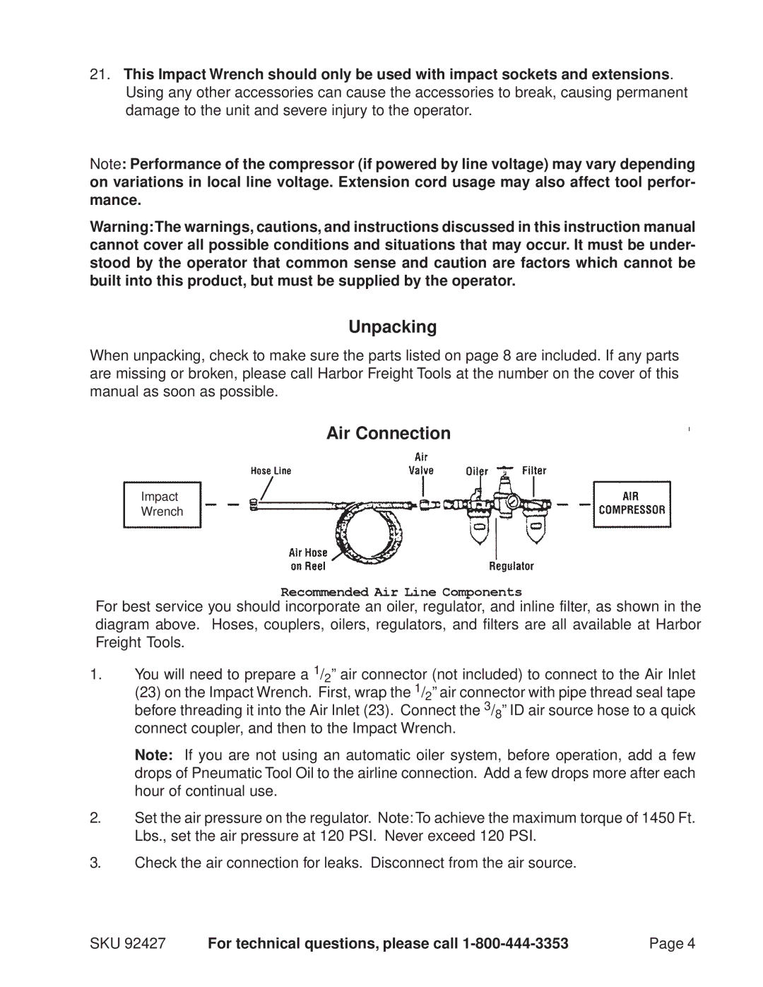 Harbor Freight Tools 92427 operating instructions Unpacking, Air Connection 