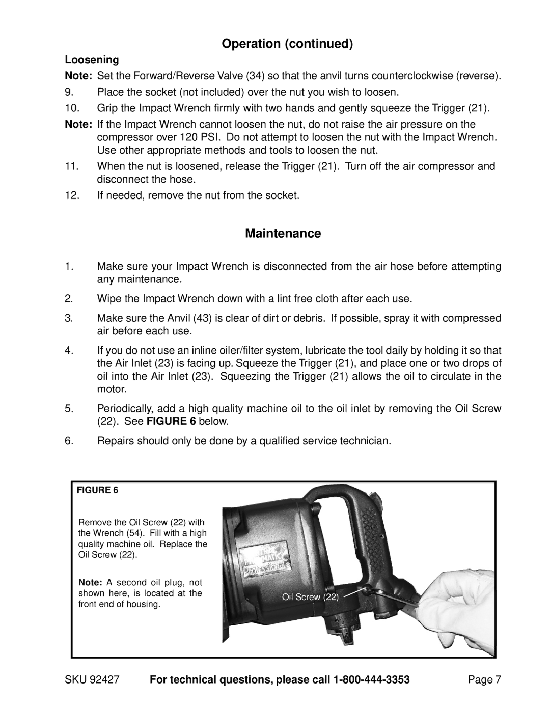 Harbor Freight Tools 92427 operating instructions Maintenance, Loosening 