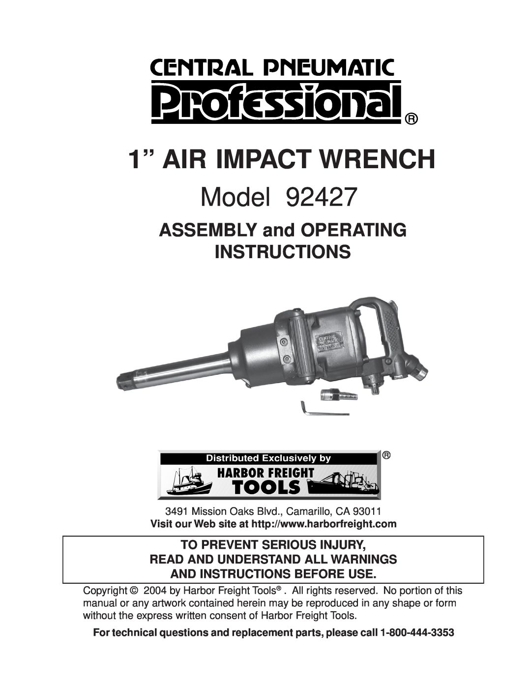 Harbor Freight Tools 92427 operating instructions To Prevent Serious Injury Read And Understand All Warnings, Model 