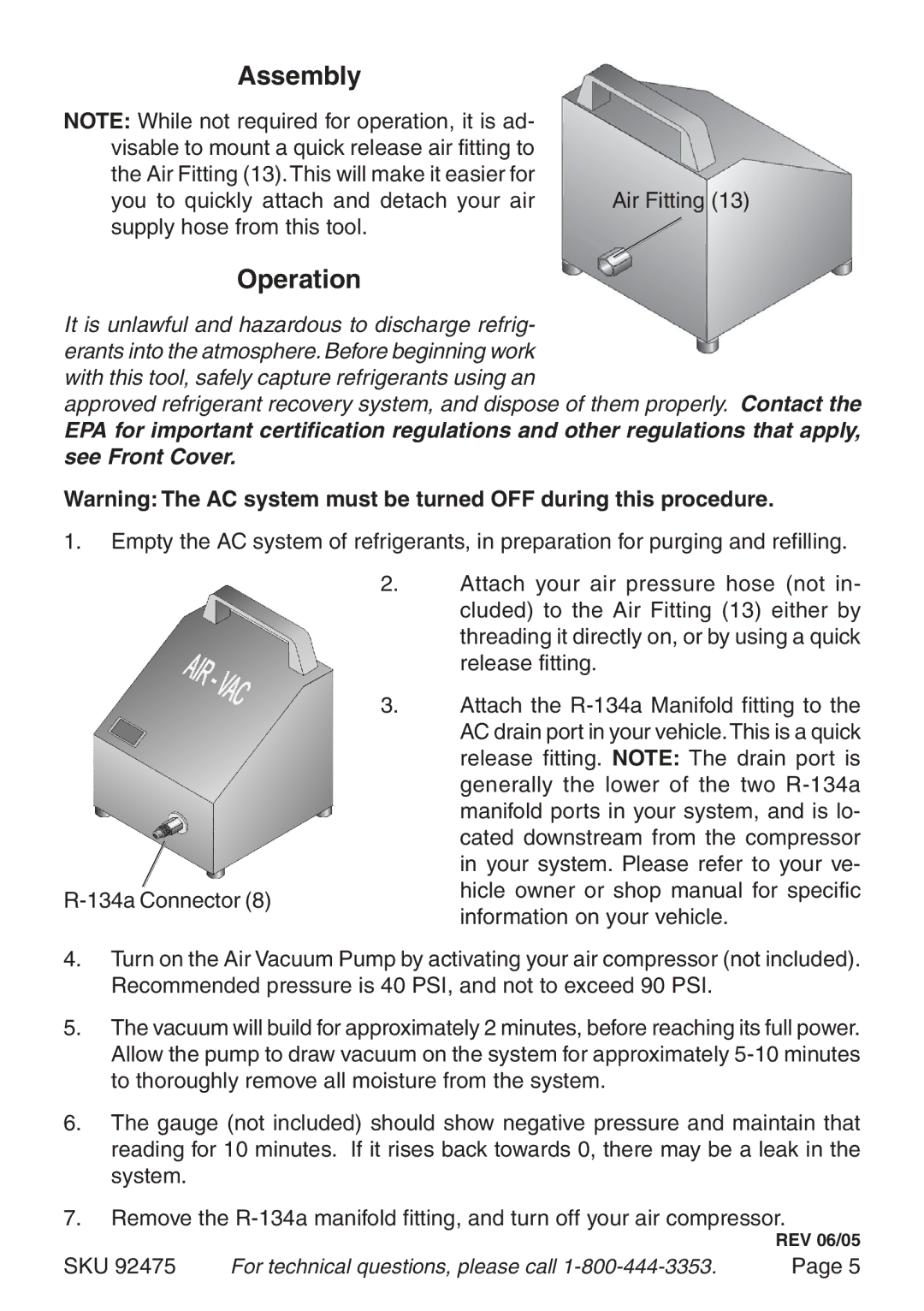 Harbor Freight Tools 92475 manual Assembly, Operation 