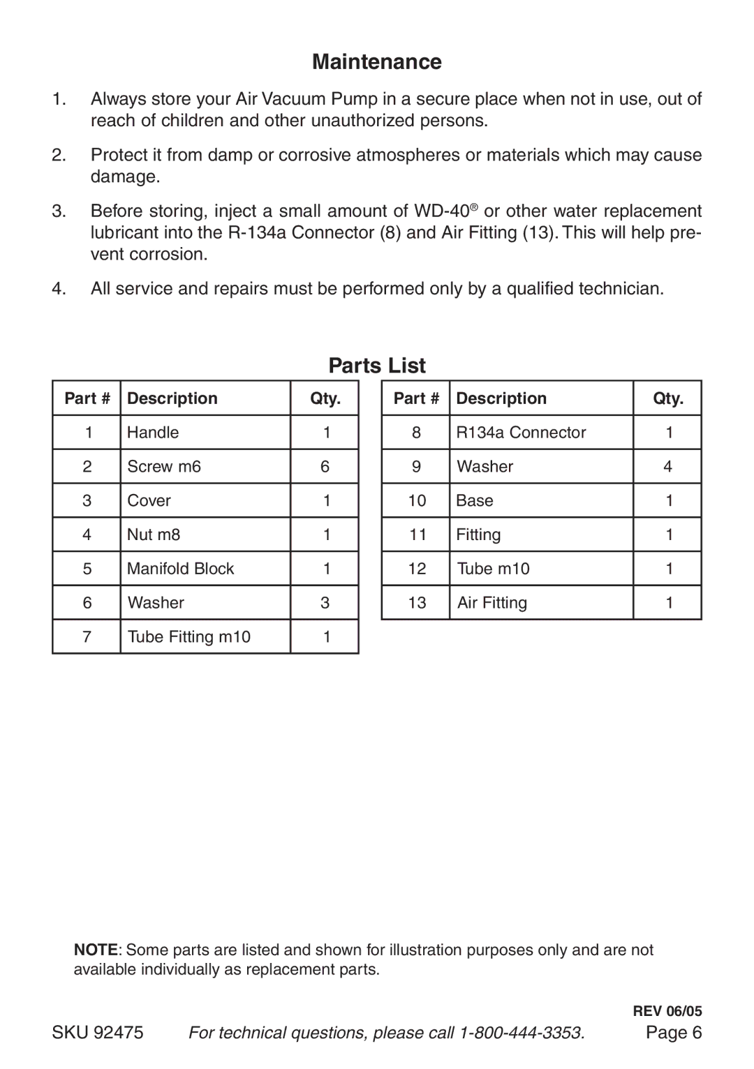 Harbor Freight Tools 92475 manual Maintenance, Parts List 