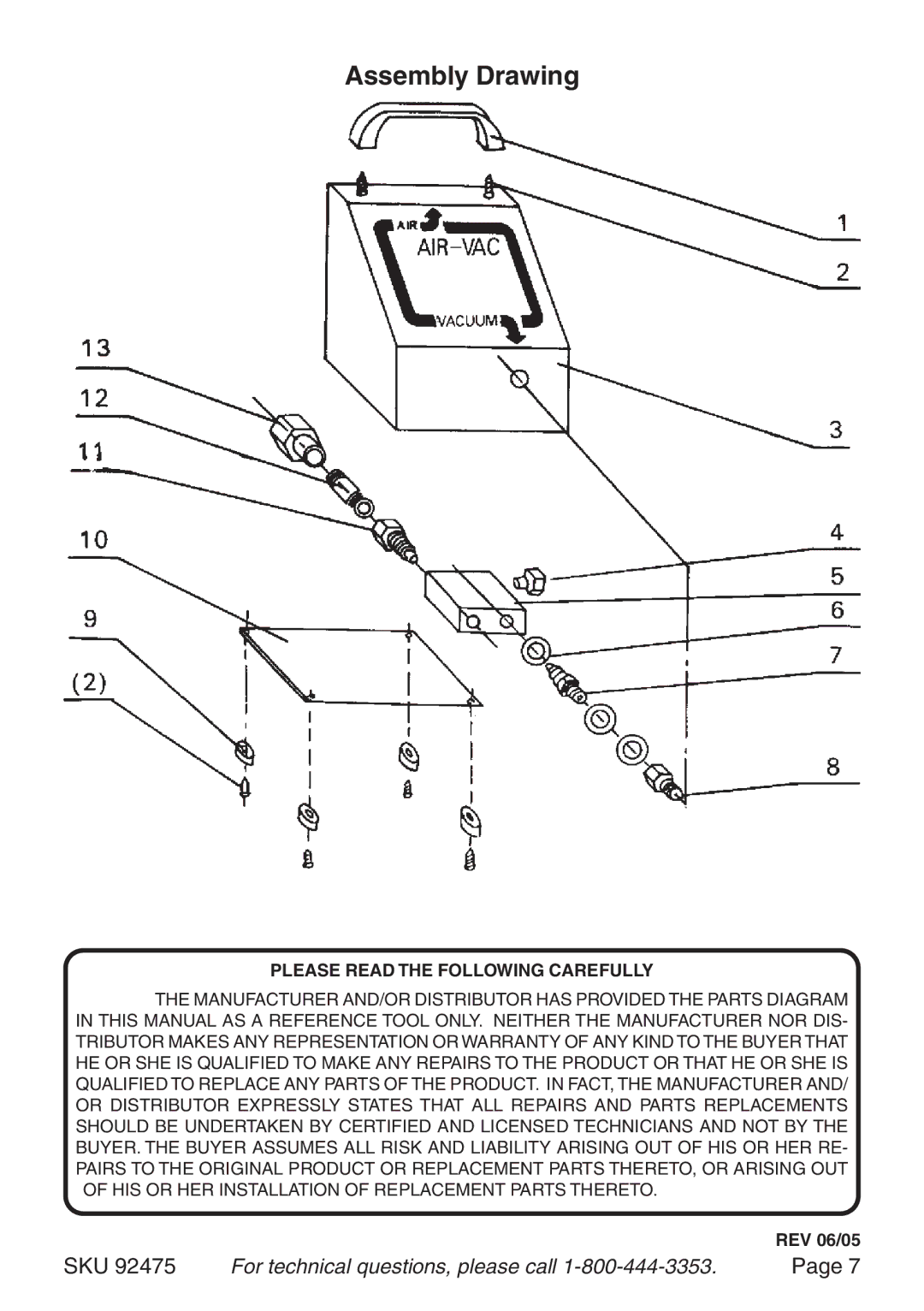 Harbor Freight Tools 92475 manual Assembly Drawing, Please Read the Following Carefully 