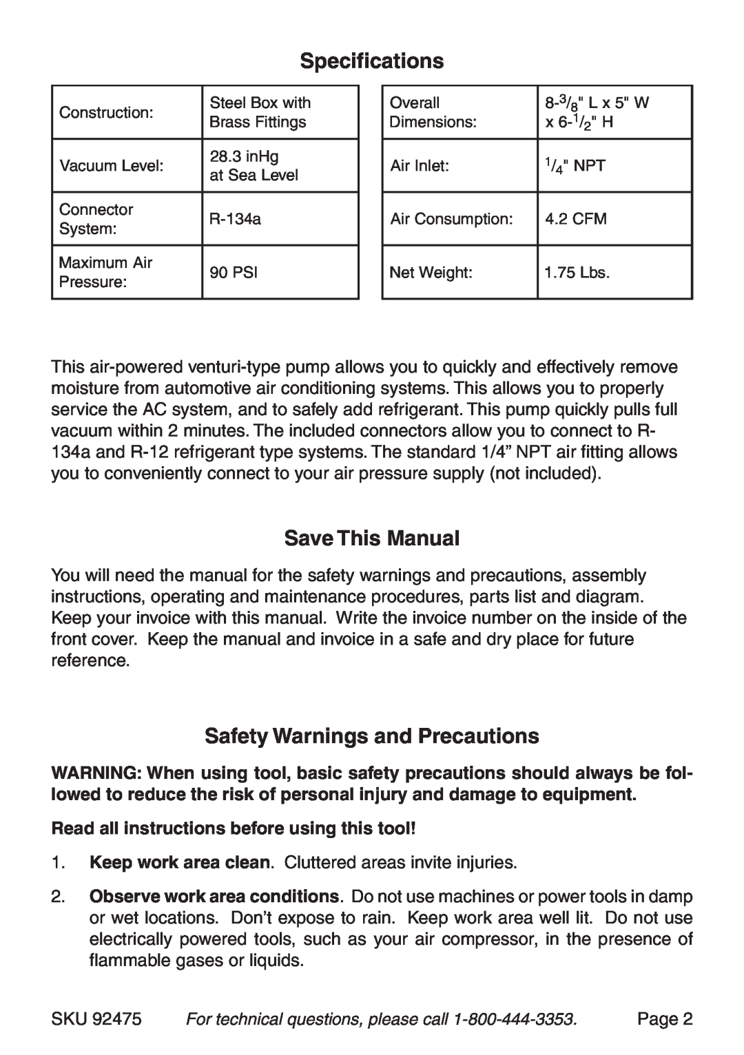 Harbor Freight Tools 92475 manual Specifications, Save This Manual, Safety Warnings and Precautions 