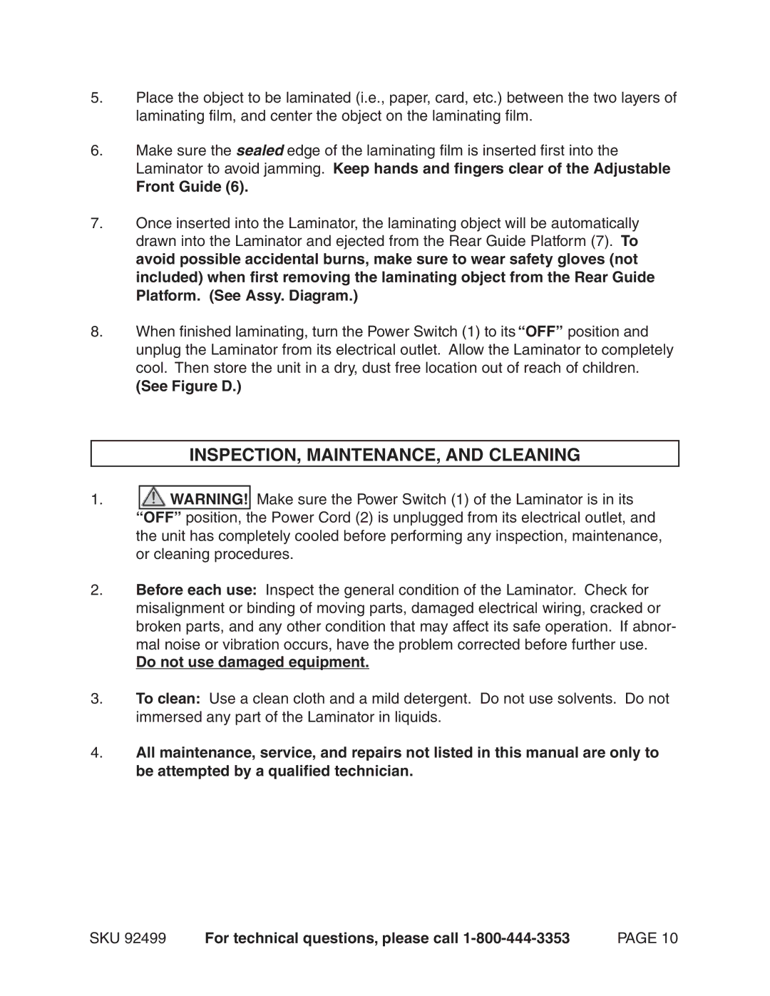 Harbor Freight Tools 92499 INSPECTION, MAINTENANCE, and Cleaning, Front Guide, Do not use damaged equipment 