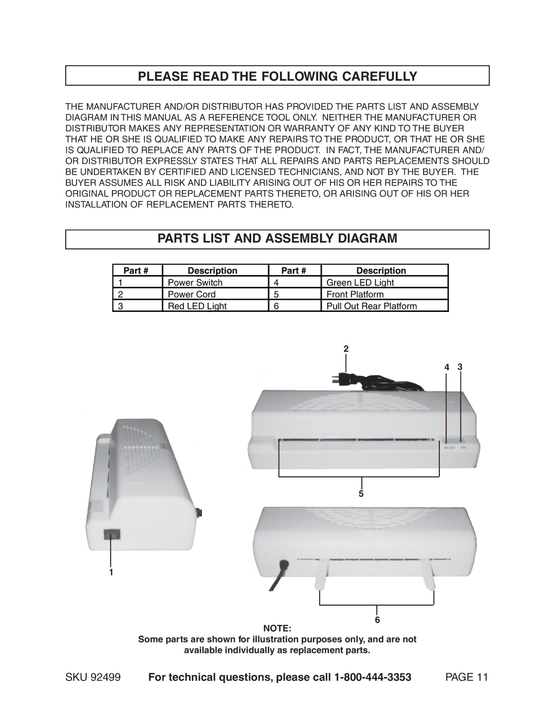 Harbor Freight Tools 92499 operating instructions Please Read the Following Carefully, Parts List and Assembly Diagram 