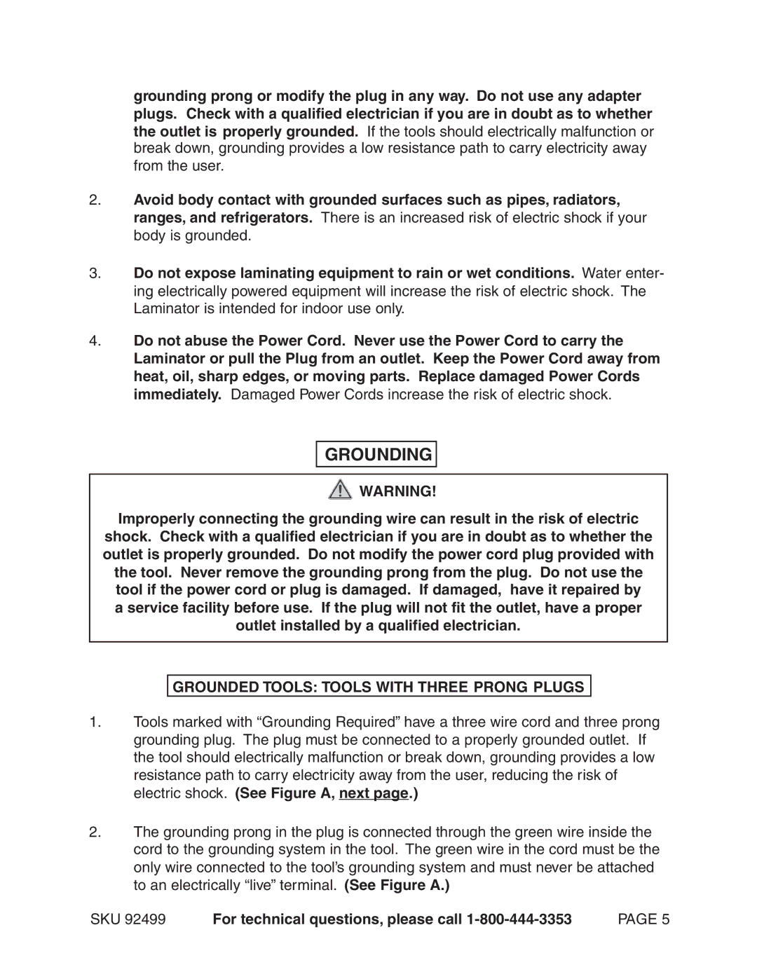 Harbor Freight Tools 92499 operating instructions Grounding, Grounded Tools Tools with Three Prong Plugs 