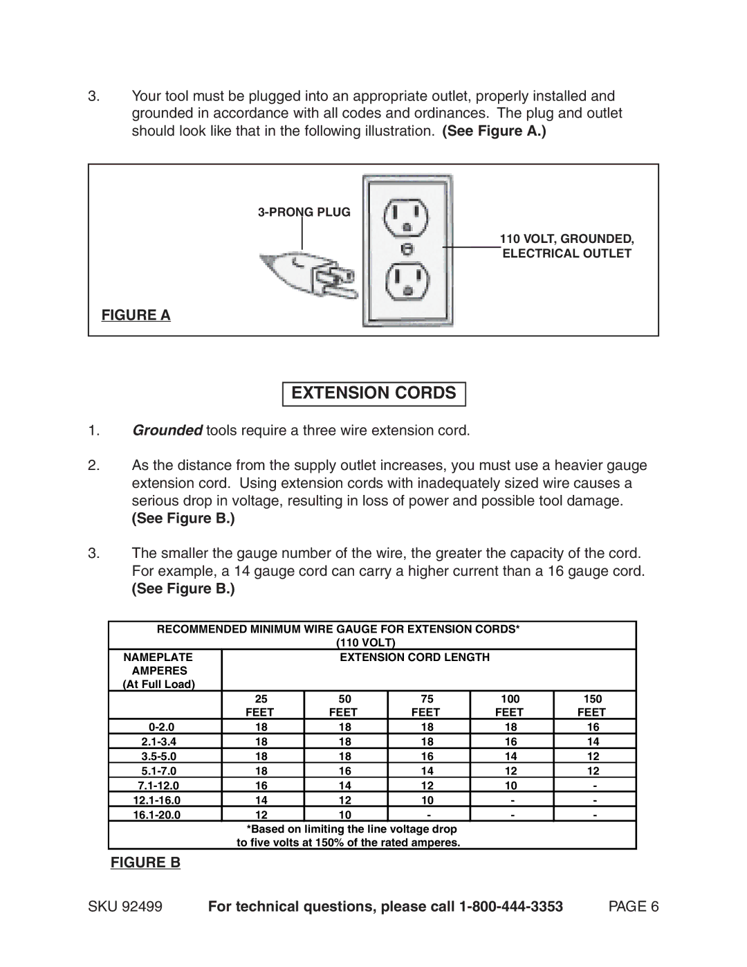 Harbor Freight Tools 92499 operating instructions Extension Cords, See Figure B 