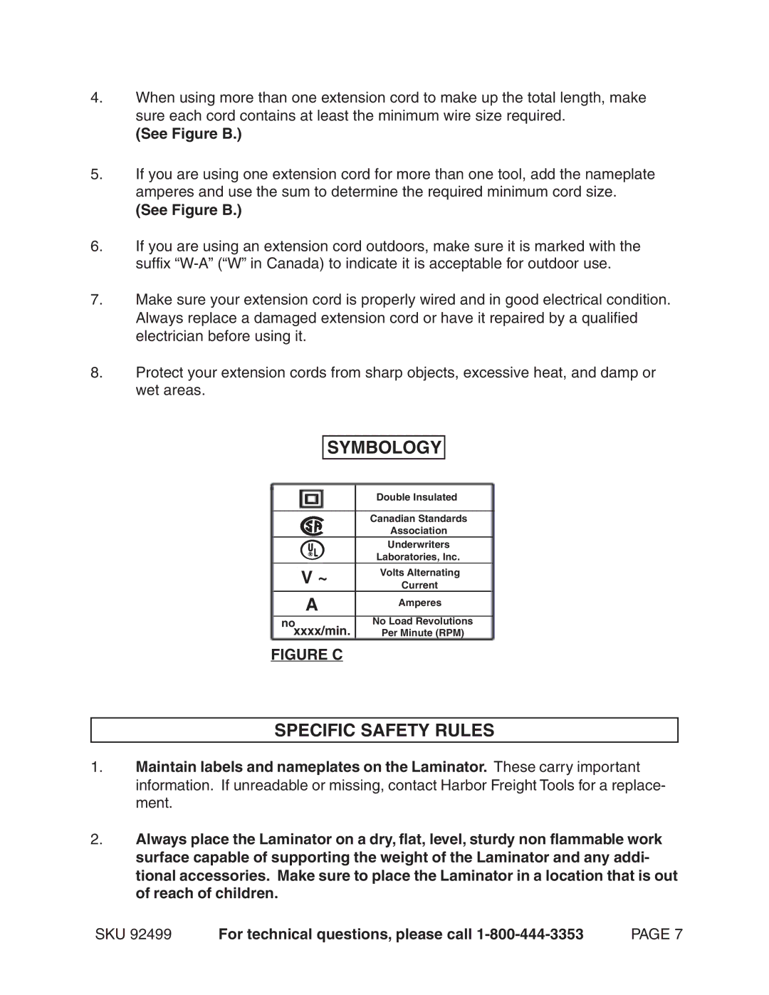 Harbor Freight Tools 92499 operating instructions Symbology, Specific Safety Rules 