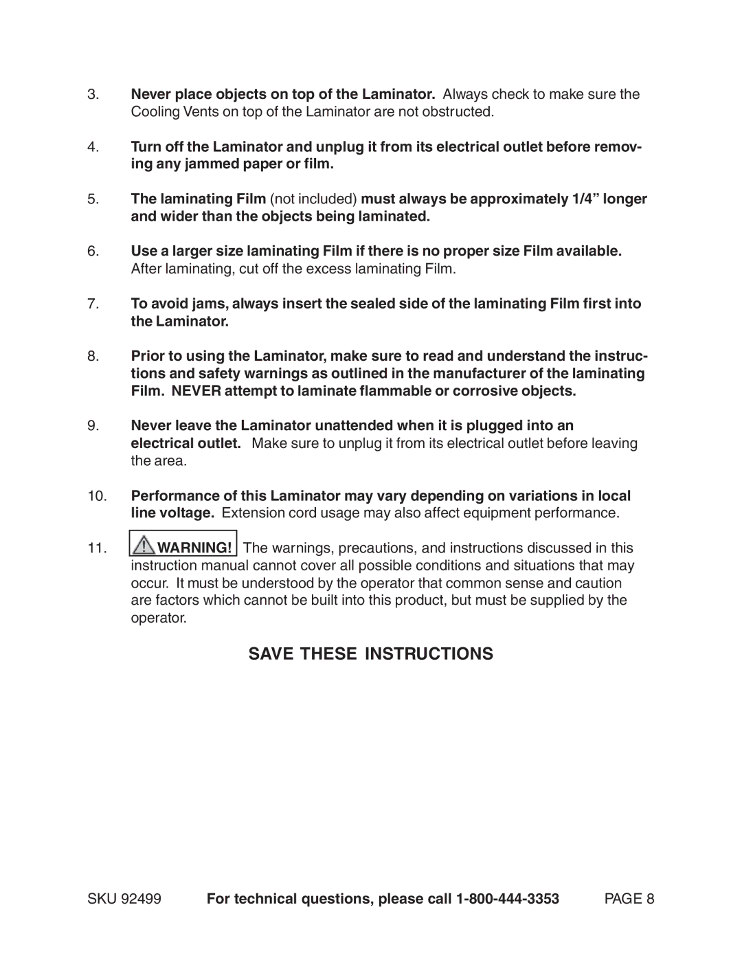 Harbor Freight Tools 92499 operating instructions SKU For technical questions, please call 