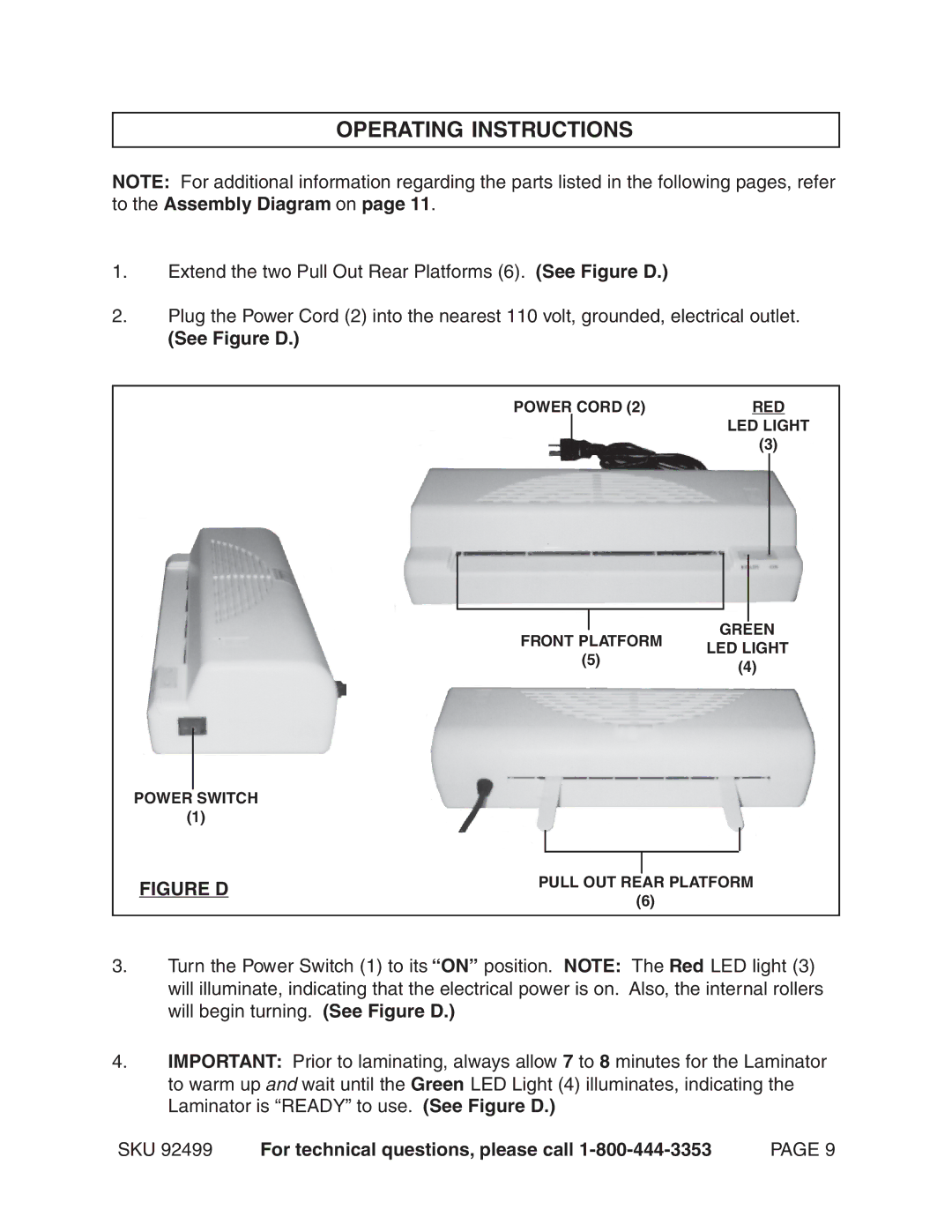 Harbor Freight Tools 92499 operating instructions Operating Instructions, See Figure D 