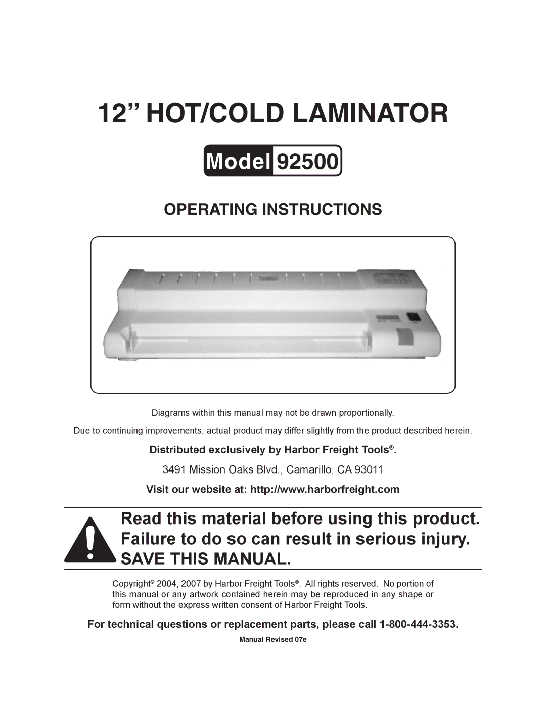 Harbor Freight Tools 92500 manual 12 HOT/COLD Laminator 