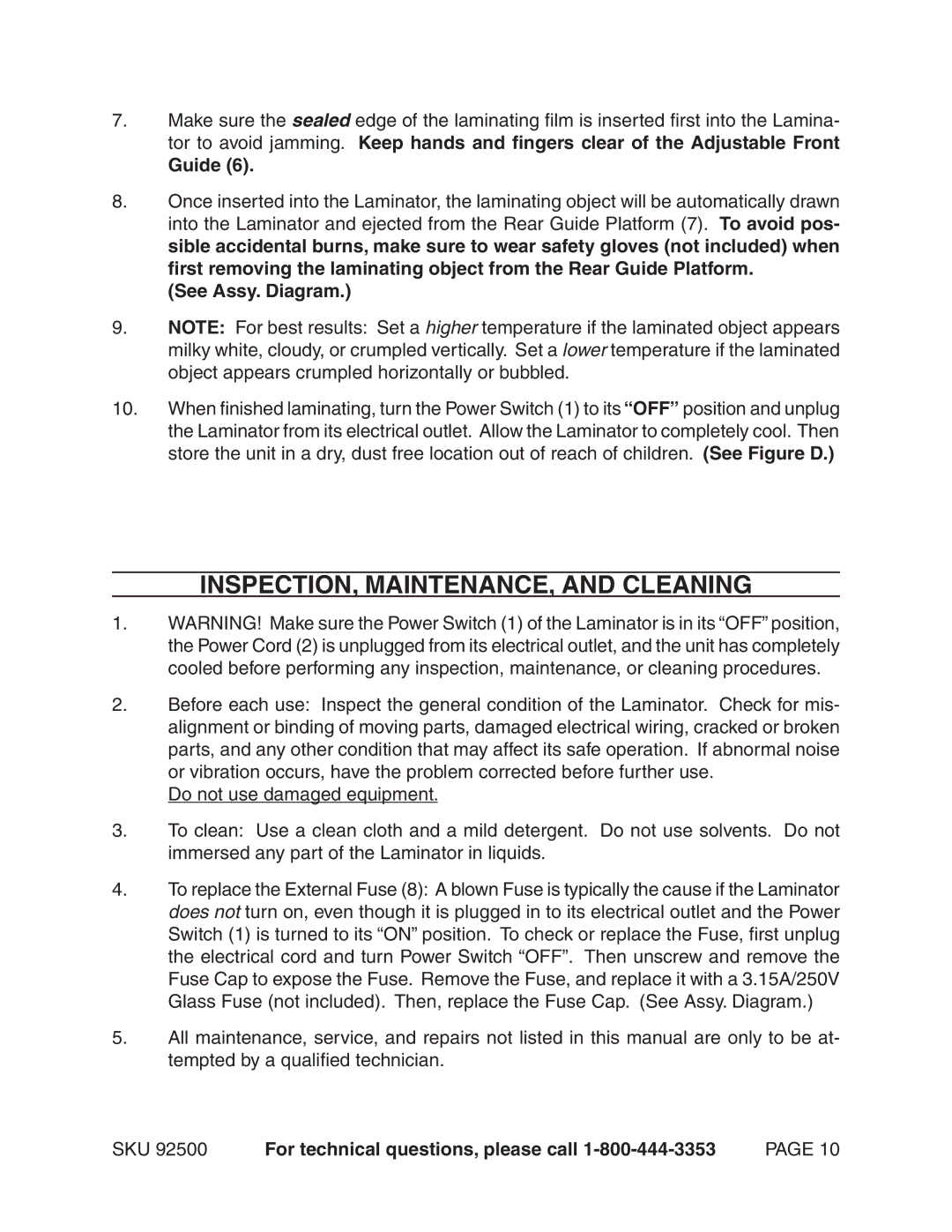 Harbor Freight Tools 92500 manual INSPECTION, MAINTENANCE, and Cleaning, Guide, See Assy. Diagram 