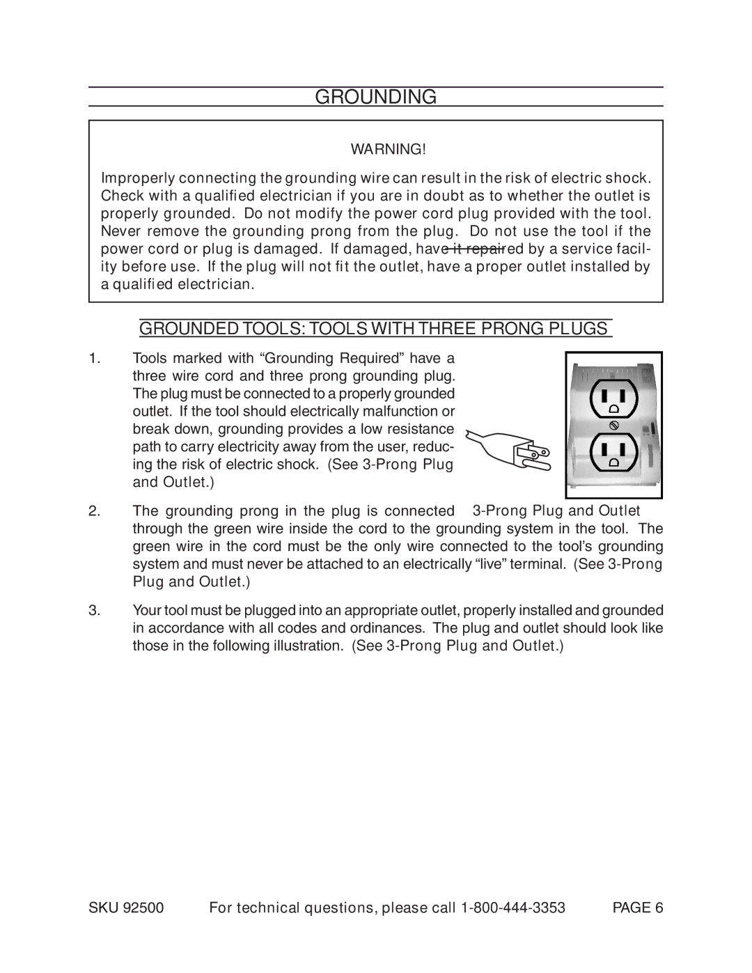 Harbor Freight Tools 92500 manual Grounding, Grounded Tools Tools With Three Prong Plugs, Plug and Outlet 
