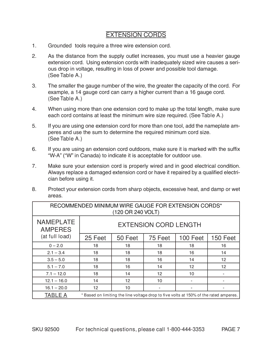 Harbor Freight Tools 92500 manual Extension Cords, Nameplate Extension Cord Length, Feet 