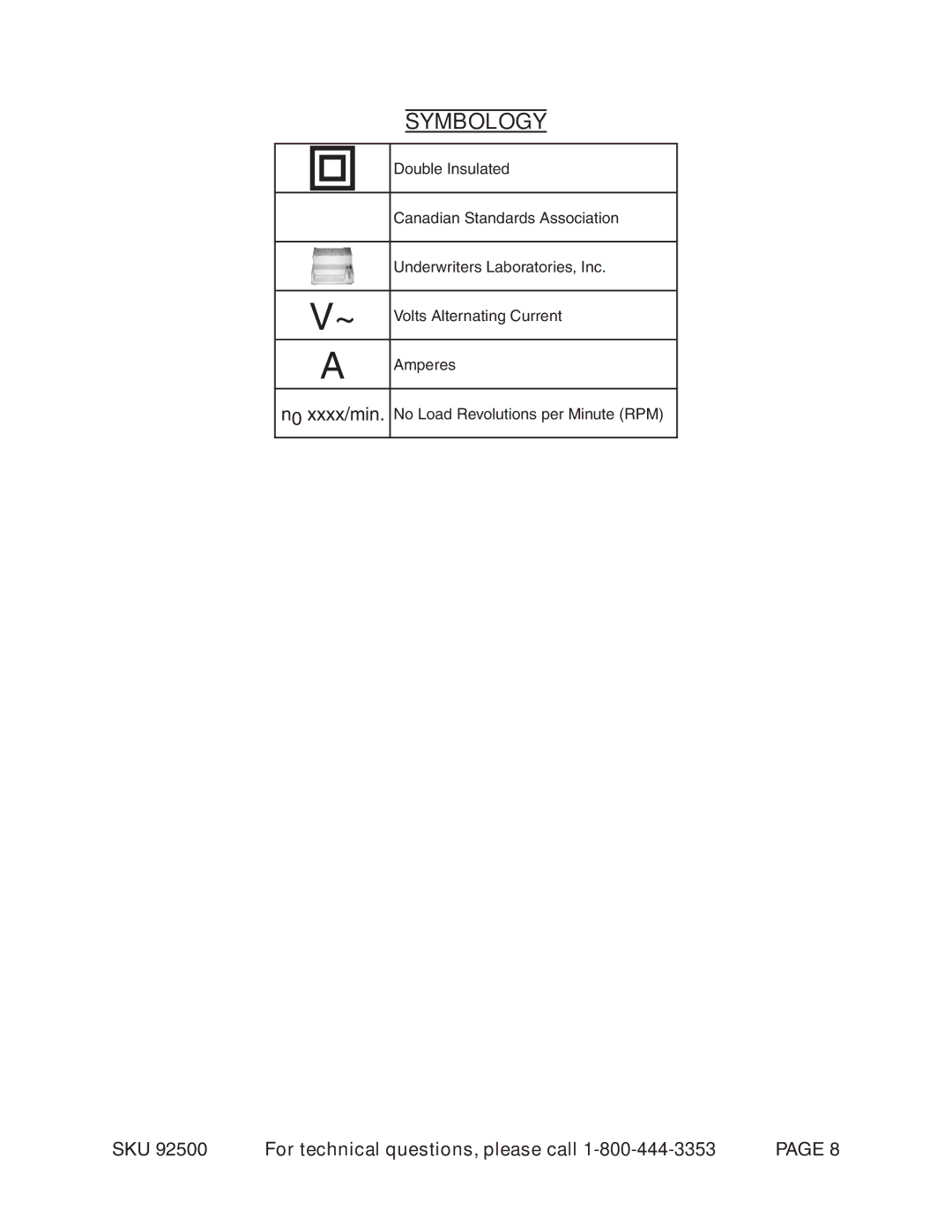 Harbor Freight Tools 92500 manual Symbology 