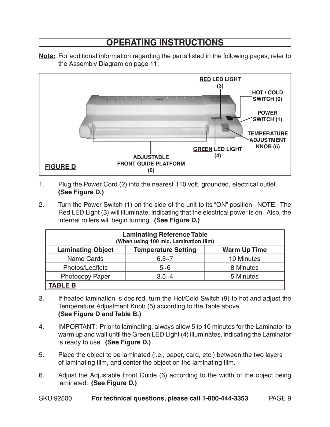 Harbor Freight Tools 92500 manual Operating Instructions, Laminating Reference Table, See Figure D and Table B 