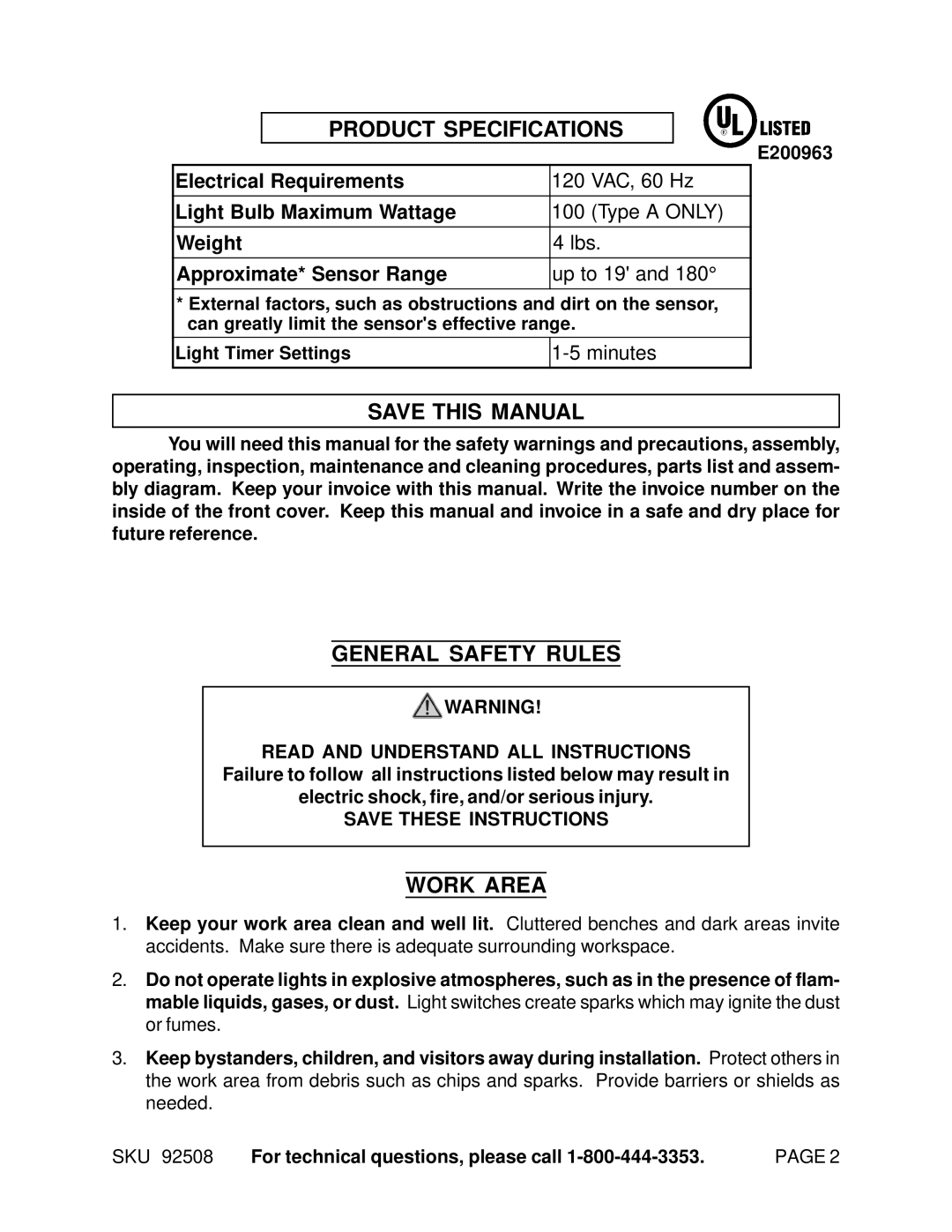 Harbor Freight Tools 92508 manual Product Specifications, Save this Manual, General Safety Rules, Work Area 