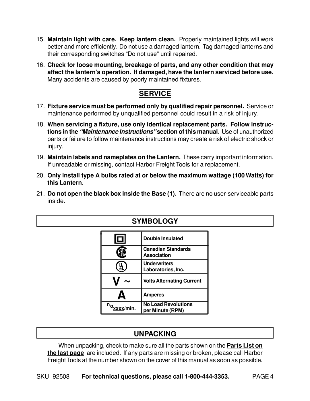 Harbor Freight Tools 92508 manual Service, Symbology, Unpacking 