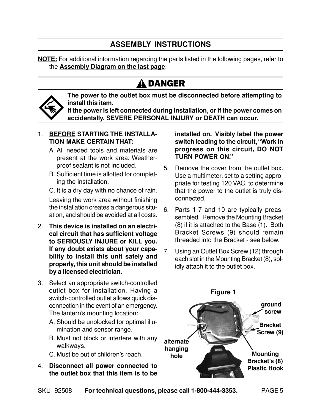 Harbor Freight Tools 92508 manual Assembly Instructions 