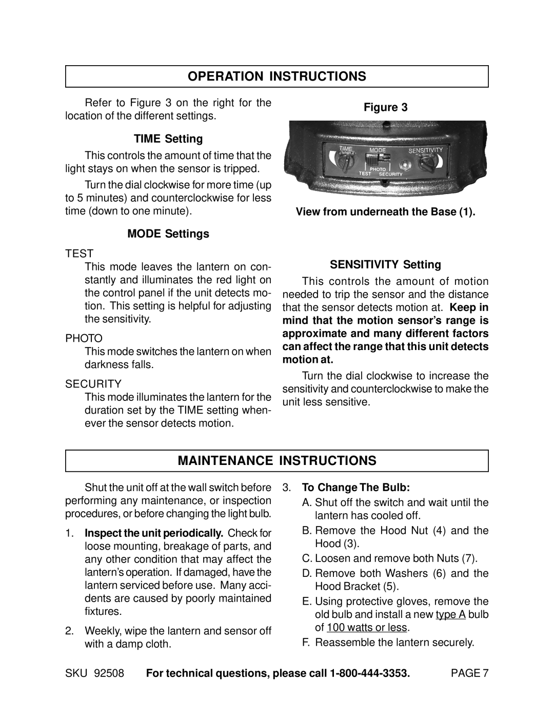 Harbor Freight Tools 92508 manual Operation Instructions, Maintenance Instructions, Time Setting, Mode Settings 