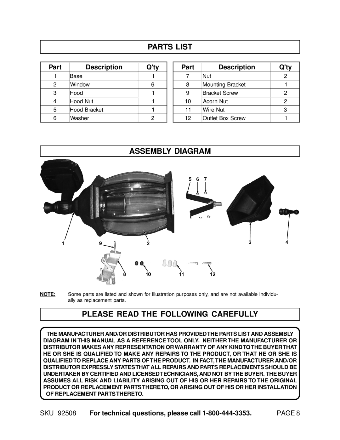 Harbor Freight Tools 92508 manual Parts List, Assembly Diagram Please Read the Following Carefully 