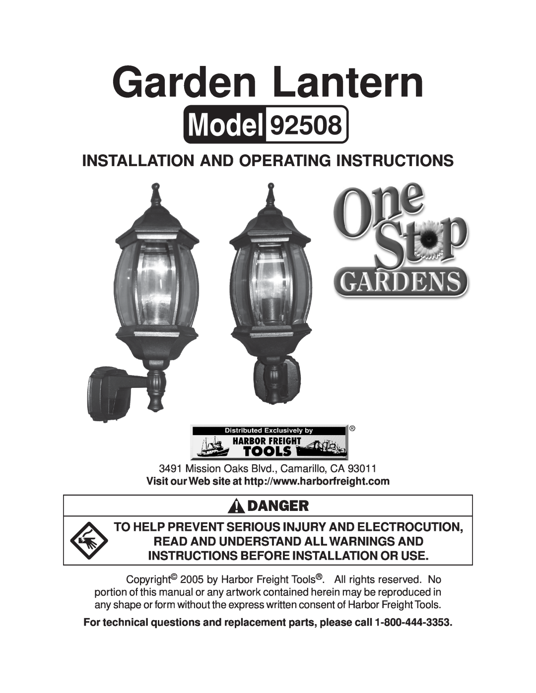Harbor Freight Tools 92508 manual Garden Lantern, Installation And Operating Instructions 