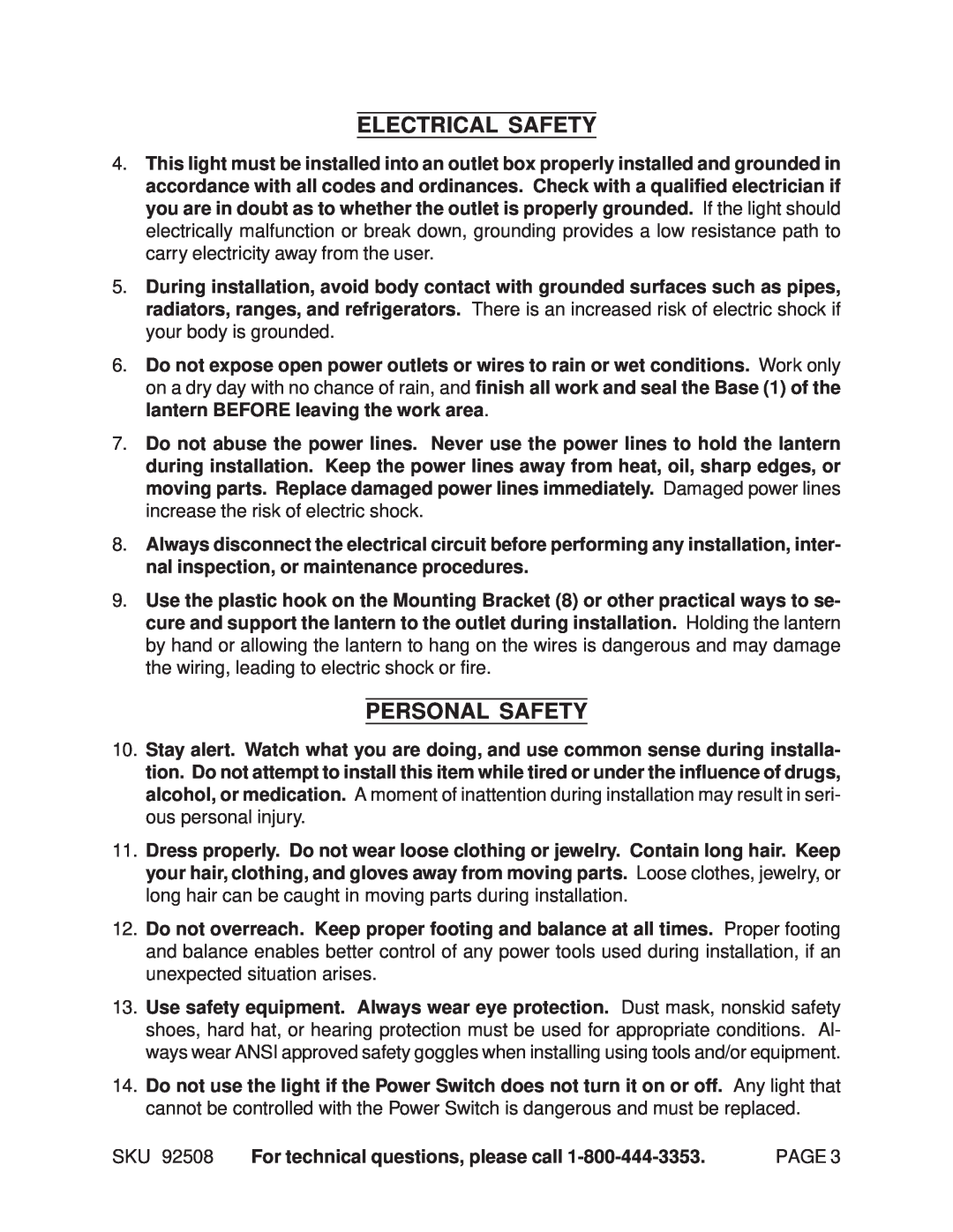 Harbor Freight Tools 92508 manual Electrical Safety, Personal Safety 