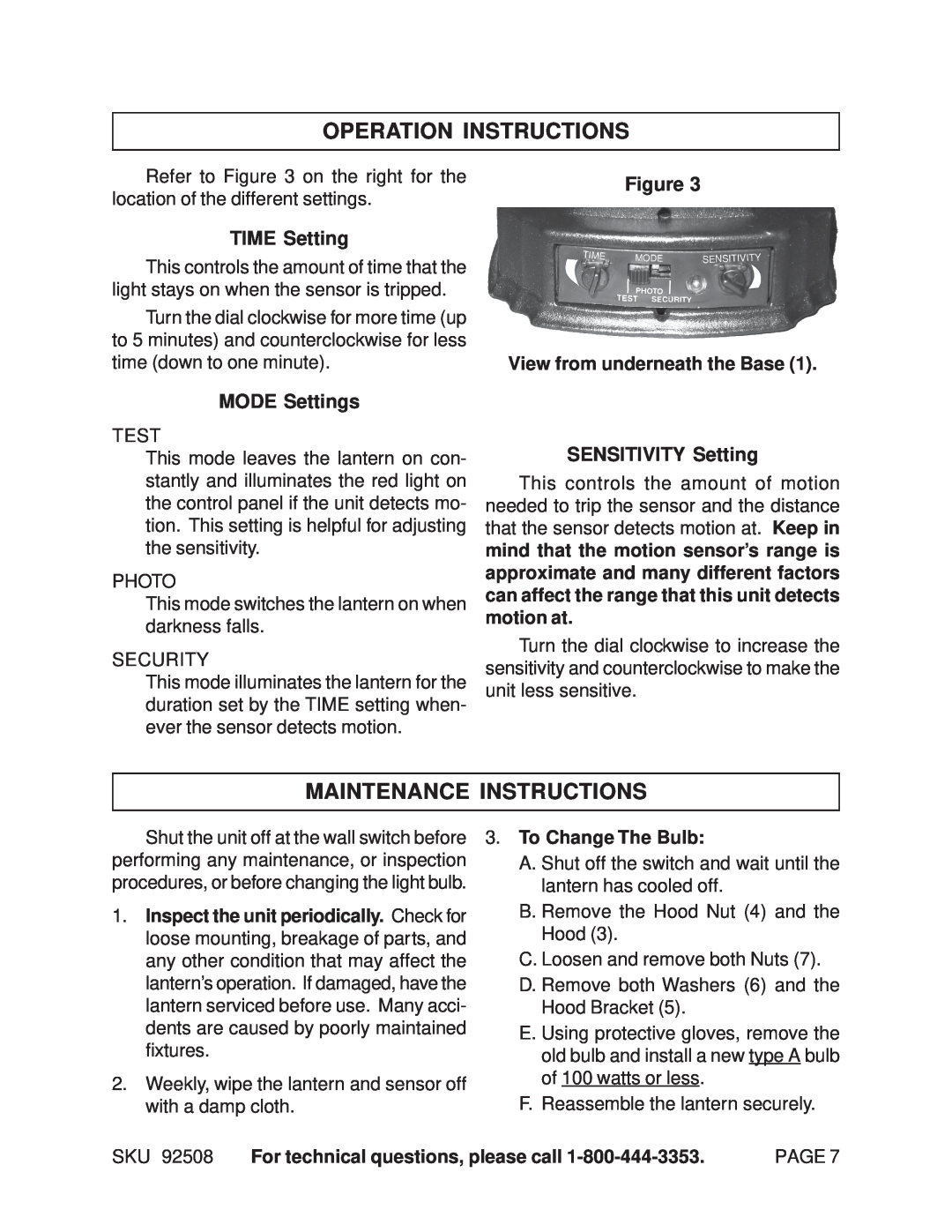 Harbor Freight Tools 92508 manual Operation Instructions, Maintenance Instructions, TIME Setting, MODE Settings 