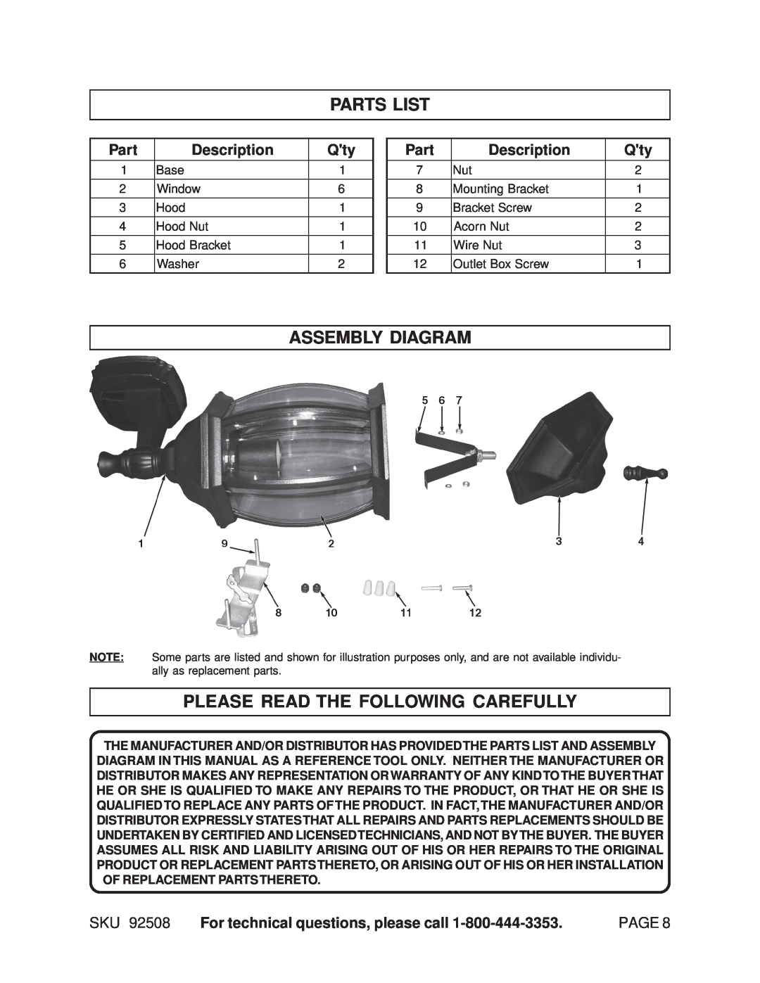 Harbor Freight Tools 92508 manual Parts List, Assembly Diagram, Please Read The Following Carefully, Page 