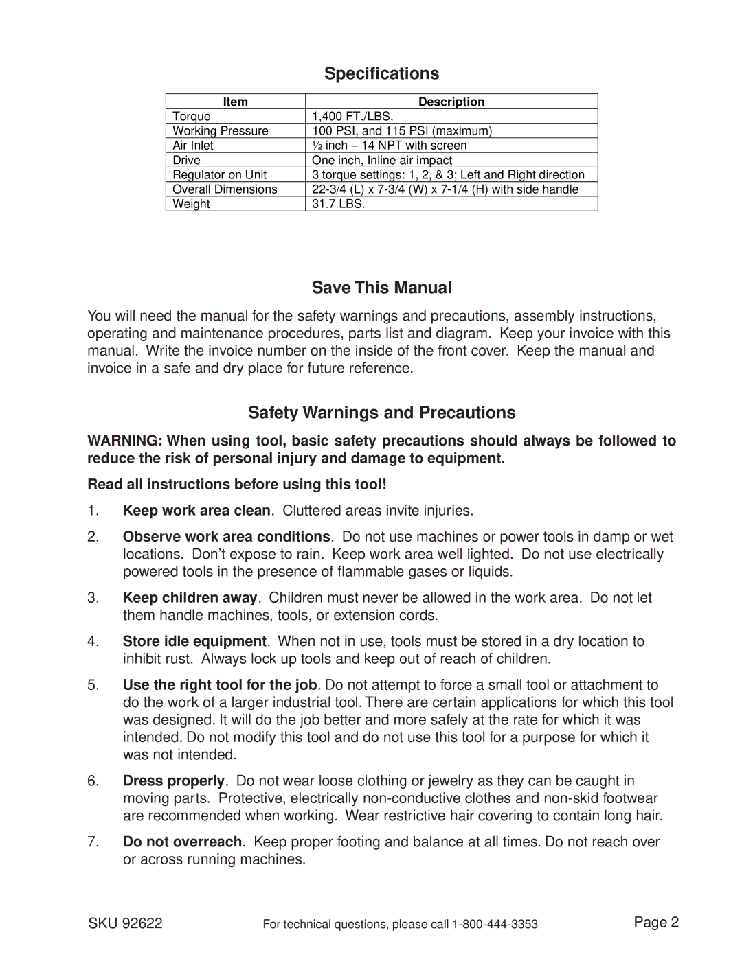 Harbor Freight Tools 92622 operating instructions Specifications, Save This Manual, Safety Warnings and Precautions 