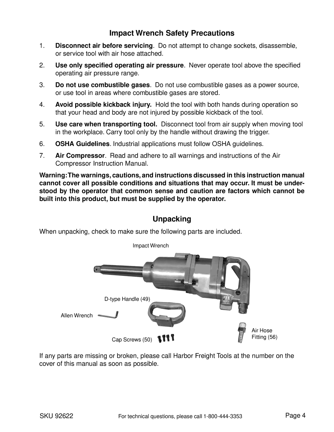 Harbor Freight Tools 92622 operating instructions Impact Wrench Safety Precautions, Unpacking 