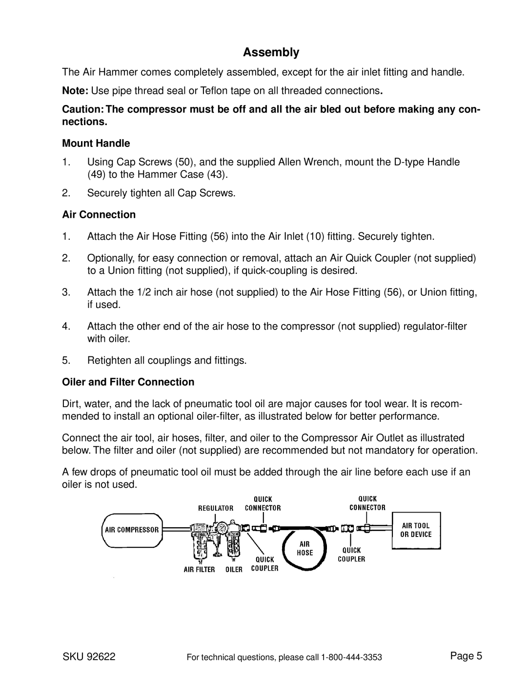 Harbor Freight Tools 92622 operating instructions Assembly, Mount Handle, Air Connection, Oiler and Filter Connection 