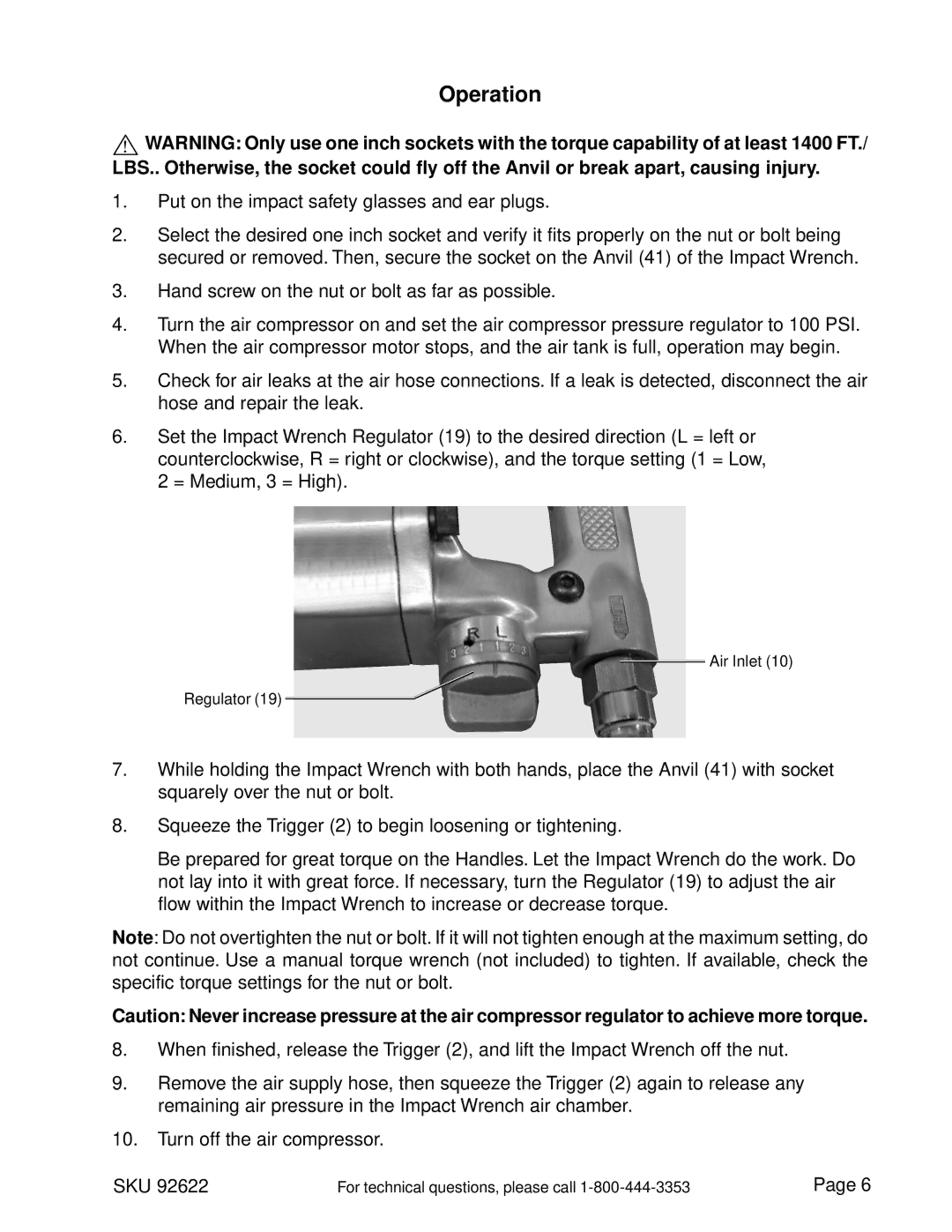 Harbor Freight Tools 92622 operating instructions Operation 