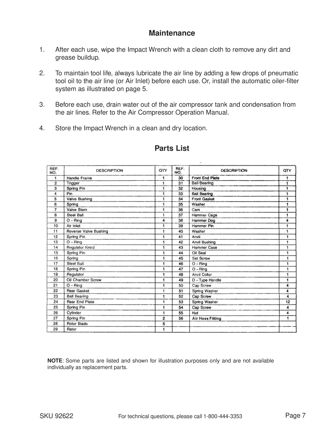 Harbor Freight Tools 92622 operating instructions Maintenance, Parts List 