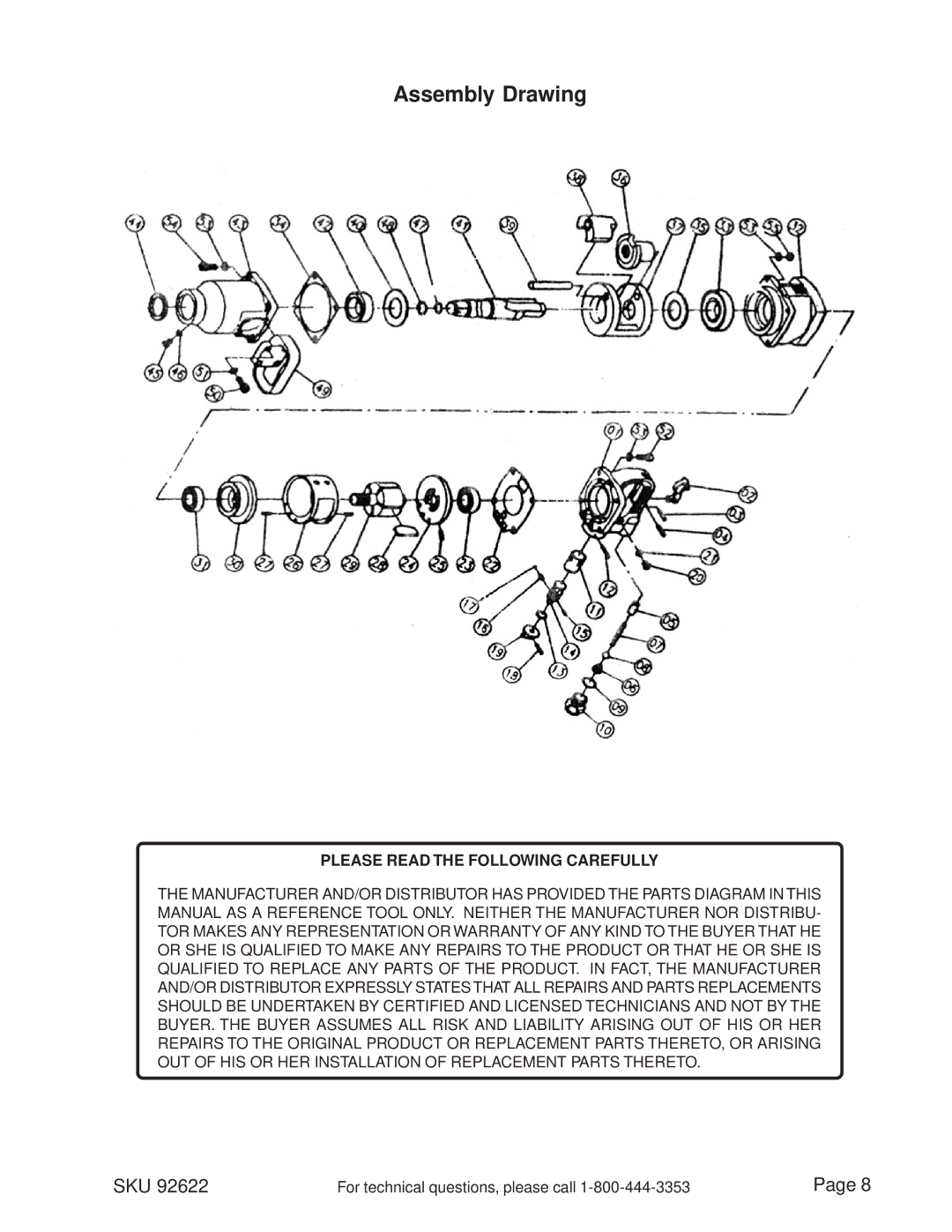 Harbor Freight Tools 92622 operating instructions Assembly Drawing, Please Read the Following Carefully 