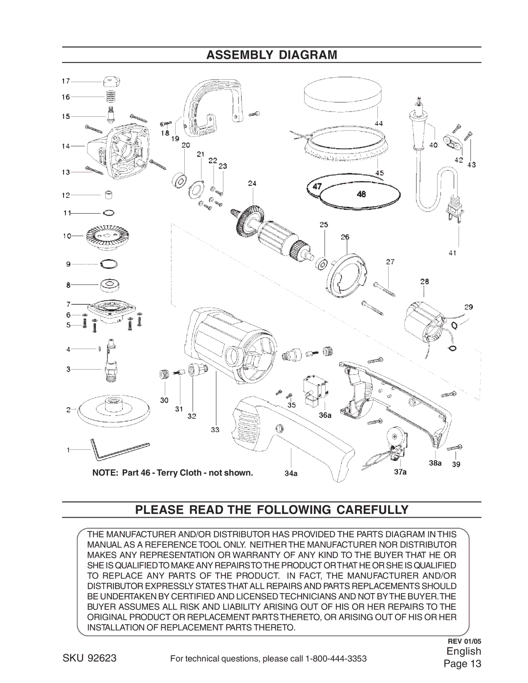 Harbor Freight Tools 92623 operating instructions Assembly Diagram Please Read the Following Carefully 